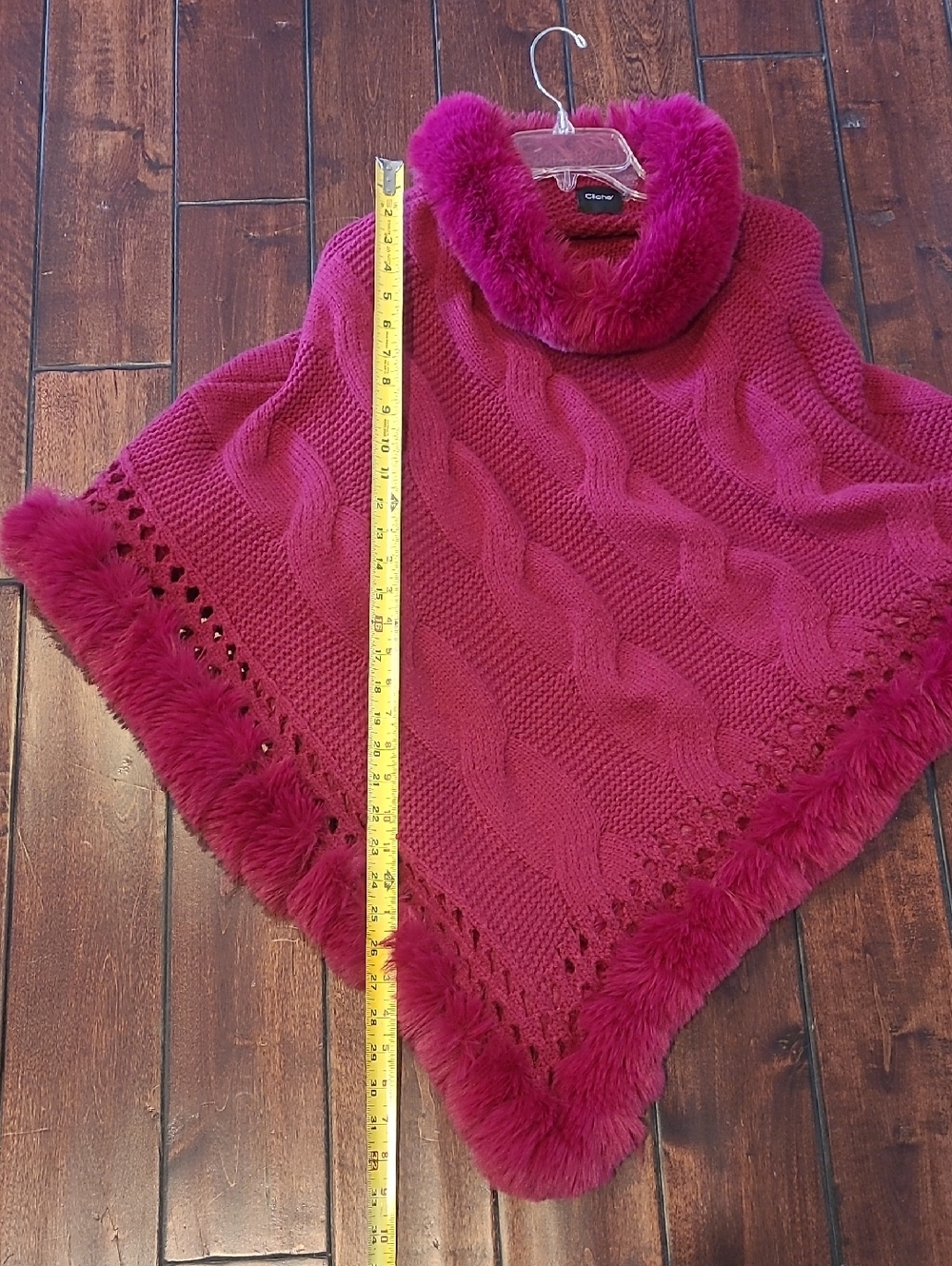 Cliche Fuschia Plush Faux Fur Trimmed Cable-Knit Poncho Sweater Size S/M